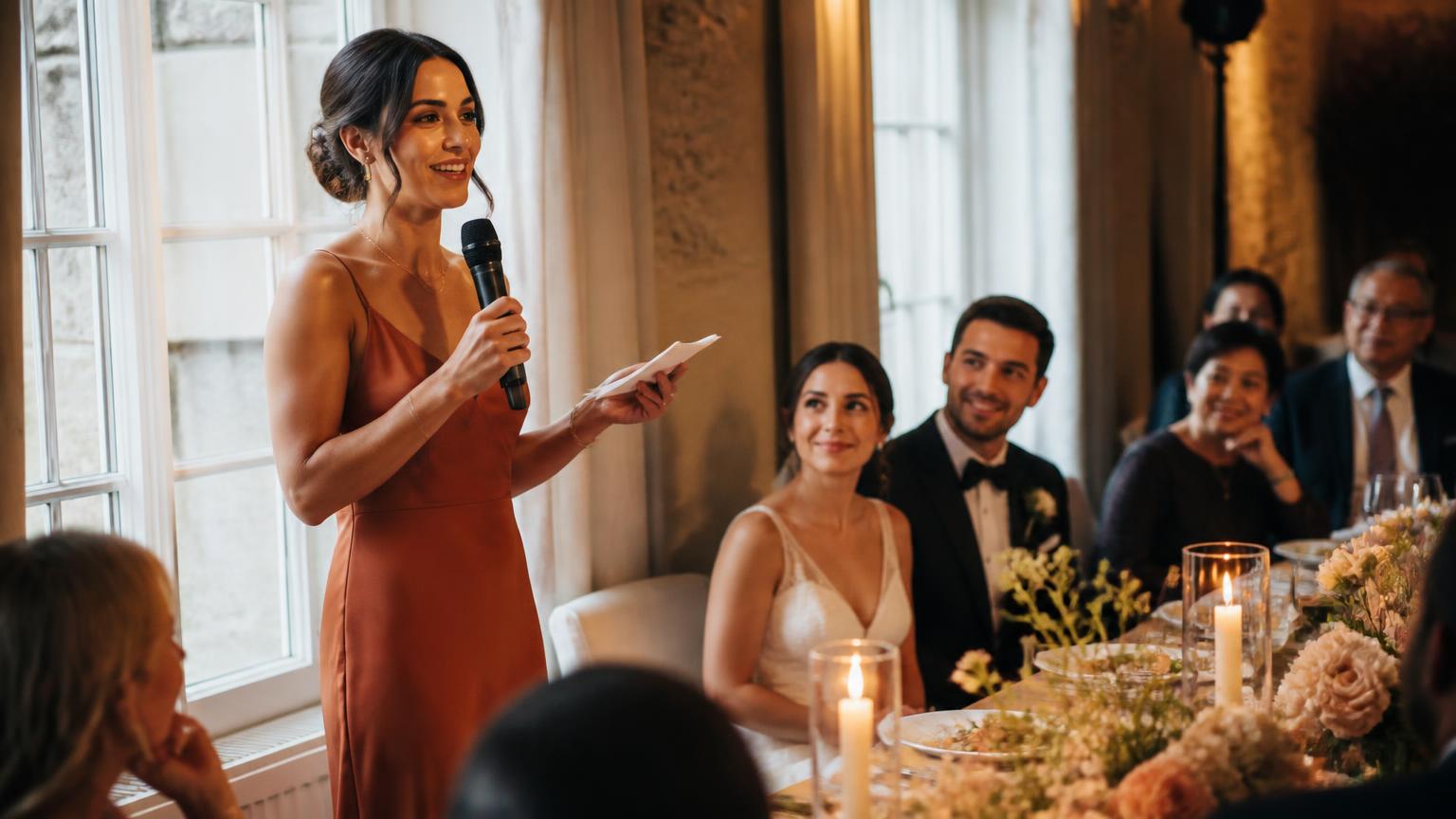 A wedding guest standing to give a speech, laughing, as seated guests listen